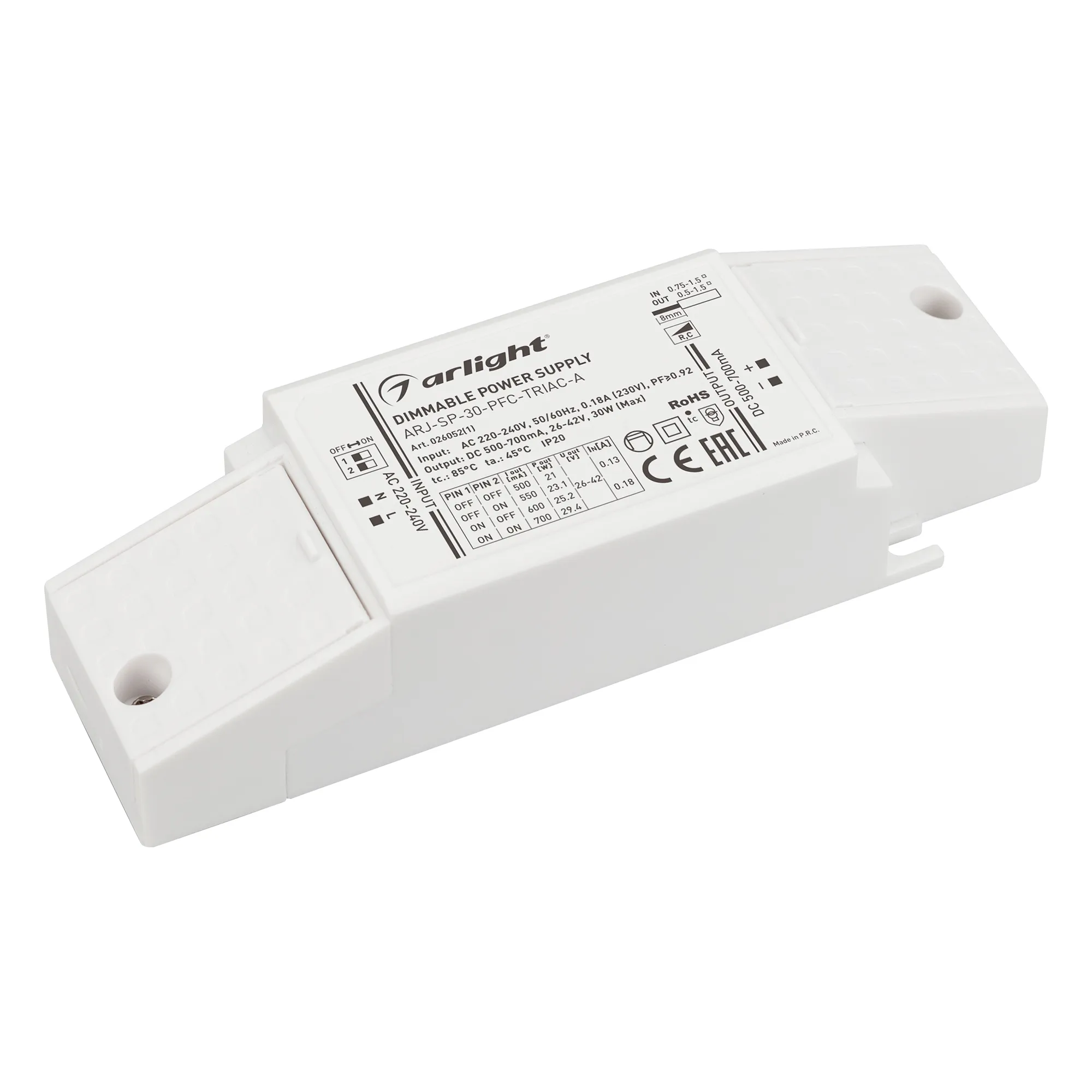 Блок питания ARJ-SP-30-PFC-TRIAC-INS (30W, 26-42V, 0.5-0.7A) (Arlight, IP20 Пластик, 5 лет) - изображение товара