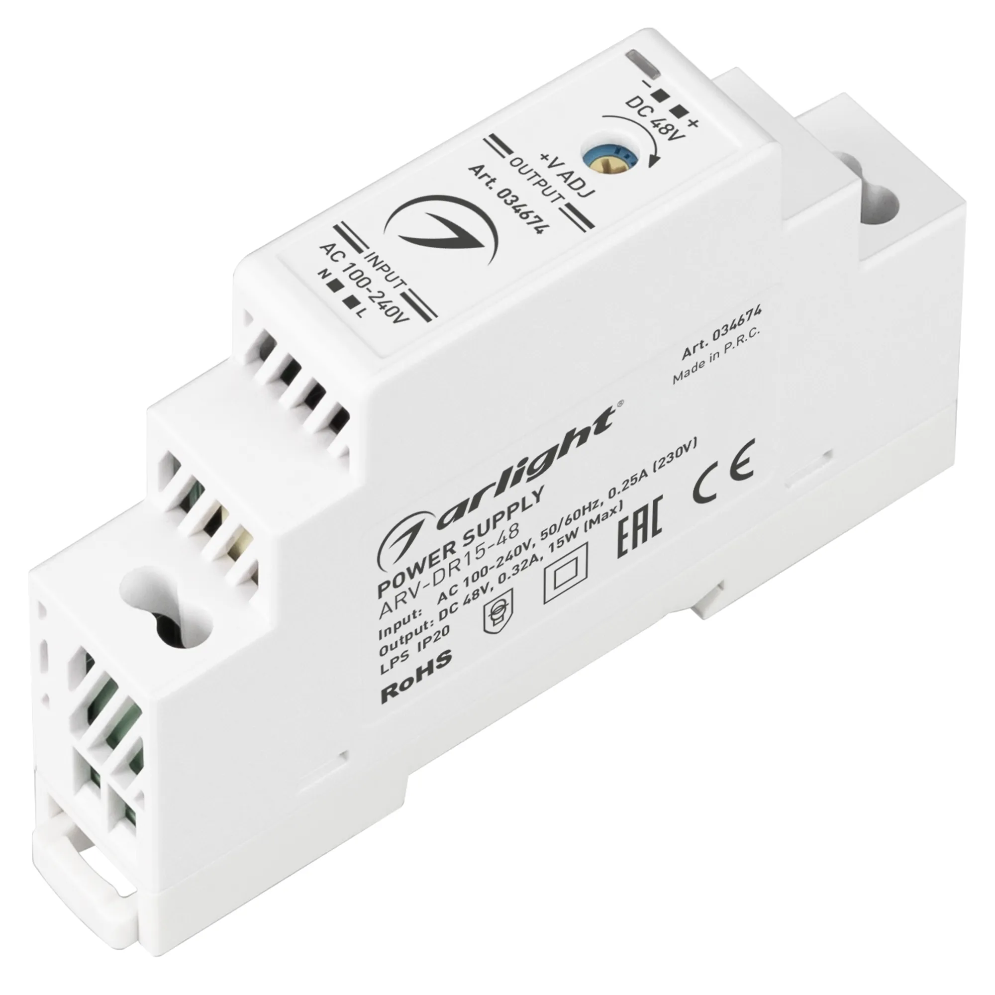 Блок питания ARV-DR15-48 (48V, 0.32A, 15W) (Arlight, IP20 DIN-рейка) - изображение товара